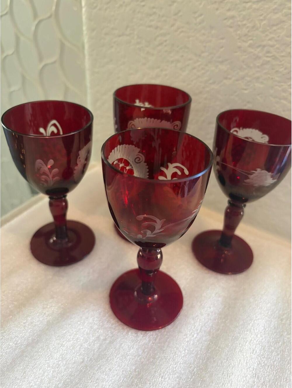 Set Of 4 Vintage Bohemian Cut-To-Clear Ruby Red Crystal Cordial Glasses